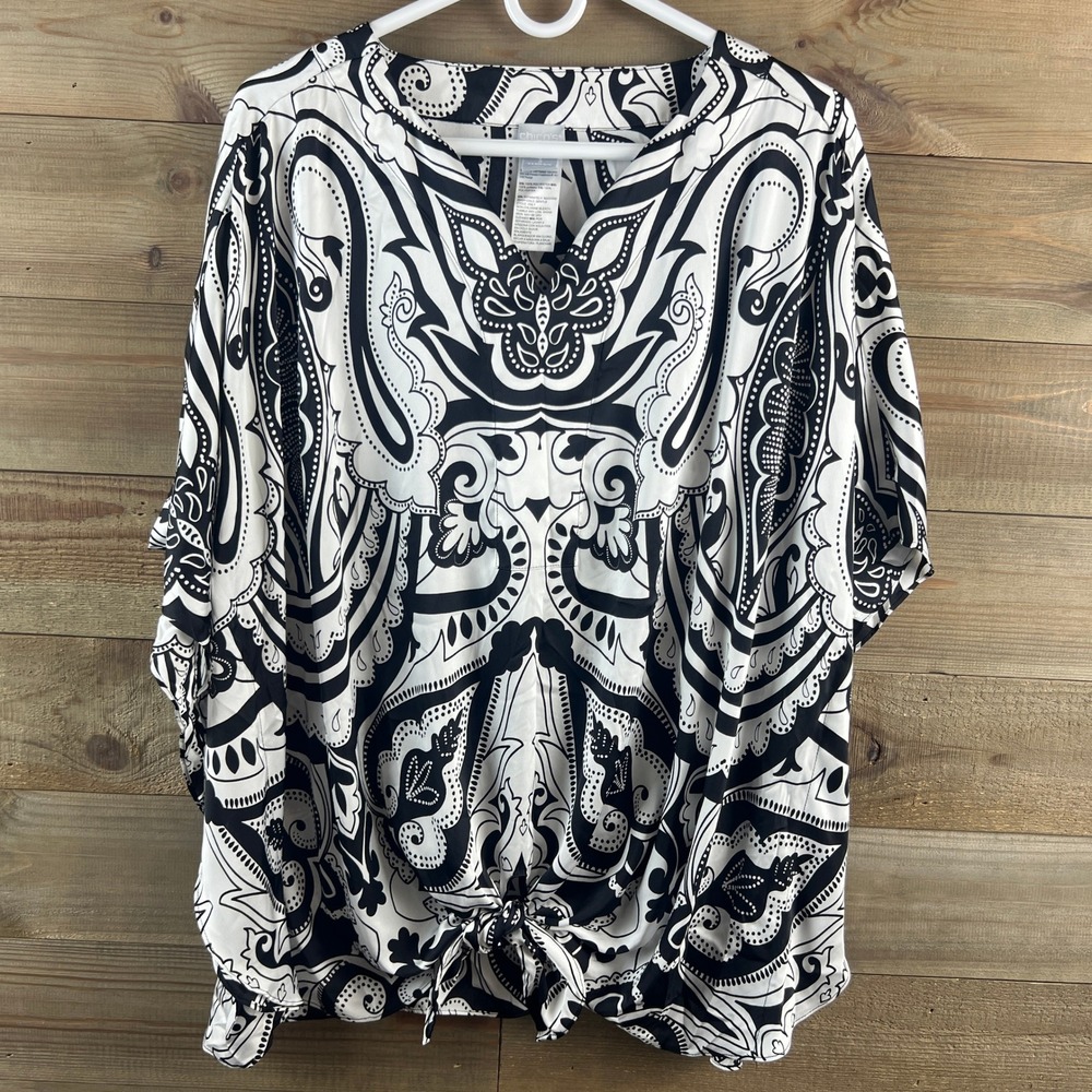 Chicos Womens Shirt Short Sleeve Paisley VNeck‎ Tie Front Monochrome Size 3 XL